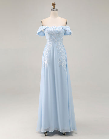 Off the Shoulder Sky Blue A Line Appliqued Mother of the Bride